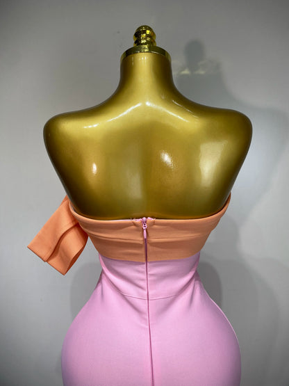 Sexy One Shoulder Color Block Bandage Celebrity Elegant Evening Birthday Party Dress