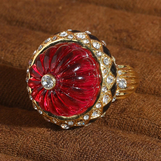 Vintage Rose Red Pumpkin Stone Black Drip Oil Gold Color Halloween Ring