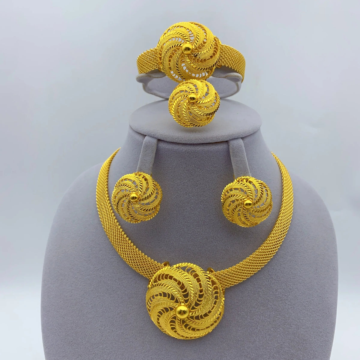 Dubai Women Wedding Gold Plated African Indian Round Necklace Earrings Jewelry Sets