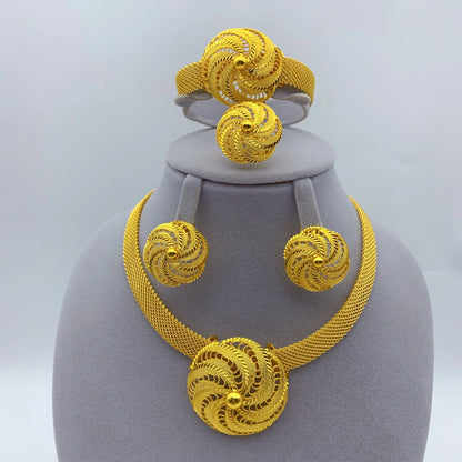 Dubai Women Wedding Gold Plated African Indian Round Necklace Earrings Jewelry Sets
