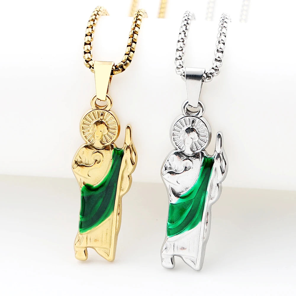 Women Men Stainless Steel Gold Color St. Jude Religious San Judas Tadeo Pendant Necklace