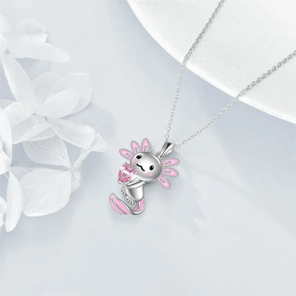 Women Elegant Creative Cute Pink-ear Axolotl Heart Crystal Pendant Necklace