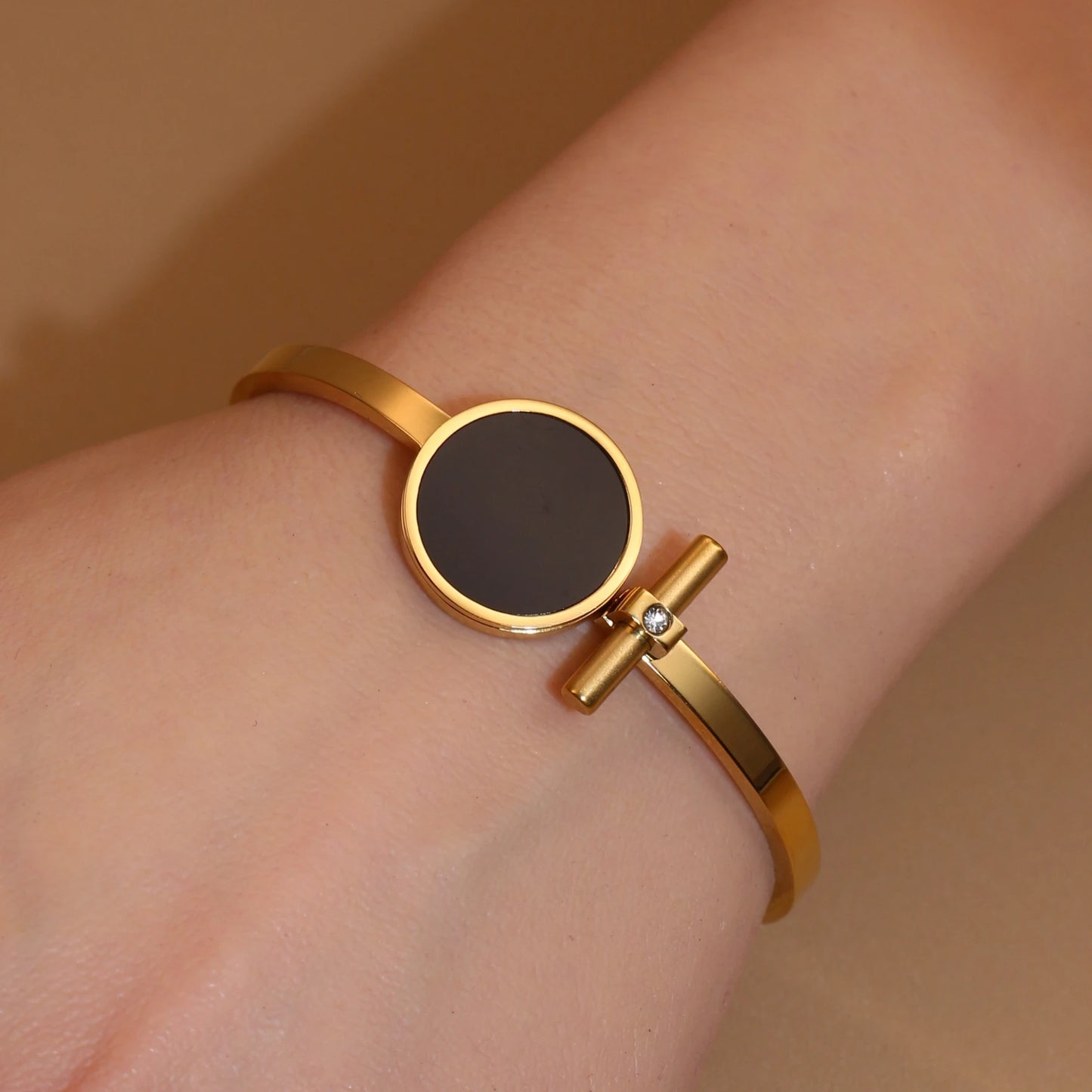 Women 2-In-1Black Acrylic Zirconia Stainless Steel Ring Bangle Bracelet Gifts Set