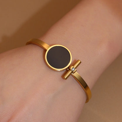 Women 2-In-1Black Acrylic Zirconia Stainless Steel Ring Bangle Bracelet Gifts Set