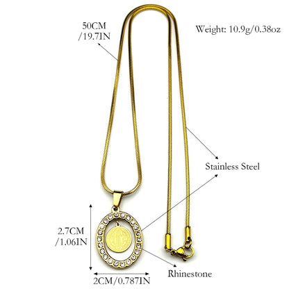 Women Men Catholic Saint Benedict Snake Stainless Steel Rhinestone Gold Color Medal Chain Necklace