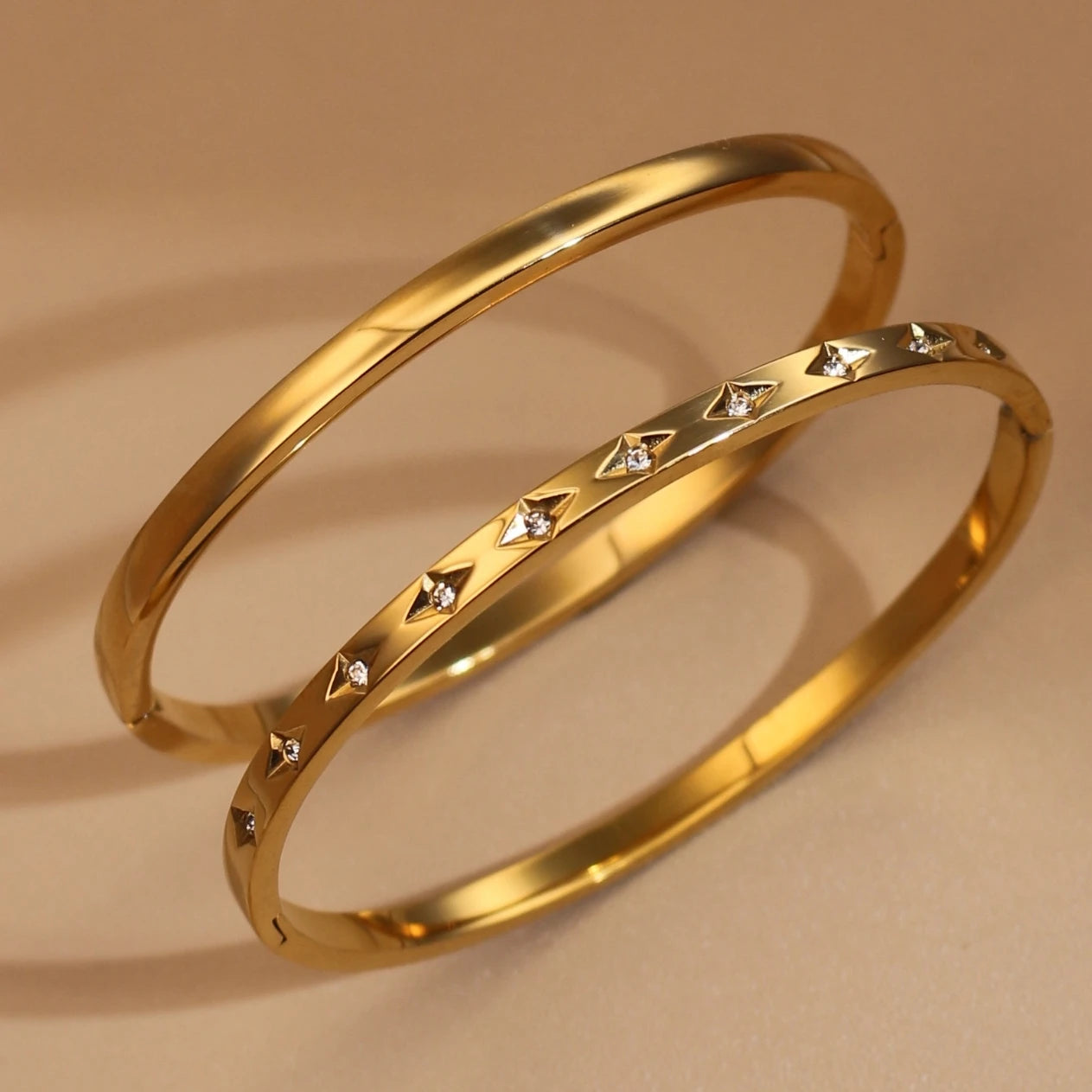 2-in-1 Women 18 K Gold Plated Zircon Stainless Steel Curved Bracelet Gift Bangle