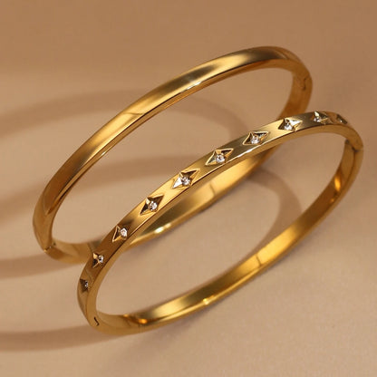 2-in-1 Women 18 K Gold Plated Zircon Stainless Steel Curved Bracelet Gift Bangle