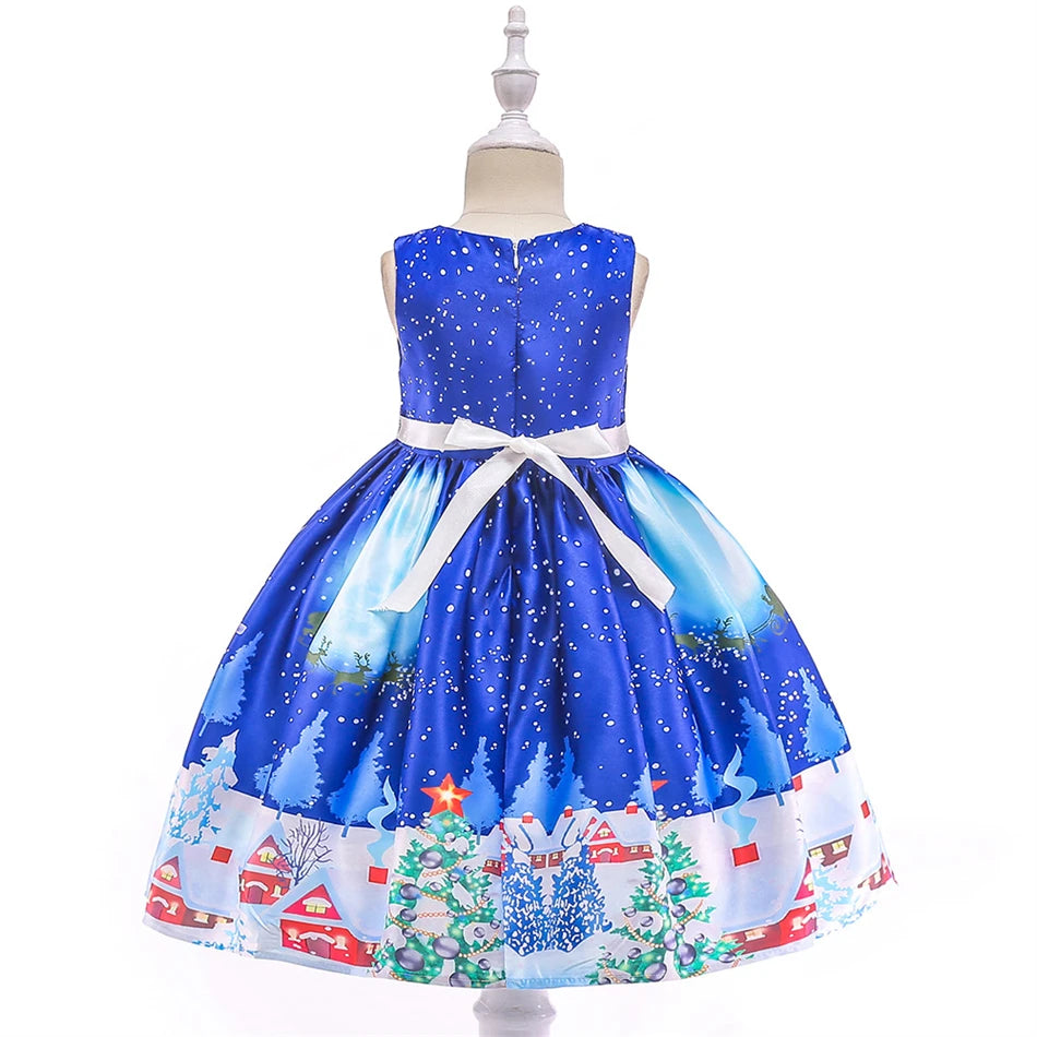 Kids Girls Princess Cartoon Santa Claus Snowflake Costume Xmas Party Print Dress