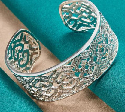 925 Sterling Silver Big 28mm Heart Wedding Engagement Fashion Charm Party Bangle Bracelet