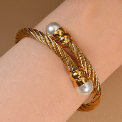 Women Fashionable Double Heart Stainless Steel Pearl Adjustable Bracelet Bangle
