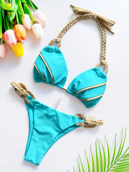 women Halter micro bikini ring Weave triangle swimsuit Brazilian bathing two pieces suit
