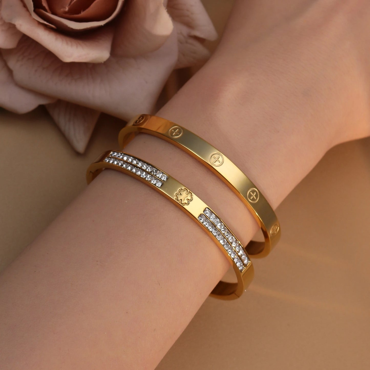 18K Gold-Plated Cross Screwdriver Stainless Steel Zircon Bangle Bracelet Women's Jewelry