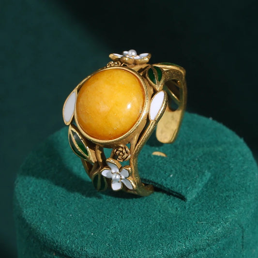 Vintage Yellow Stone Women Flower Antique 18k Gold Color Engagement Rhinestone Bohemian Ring