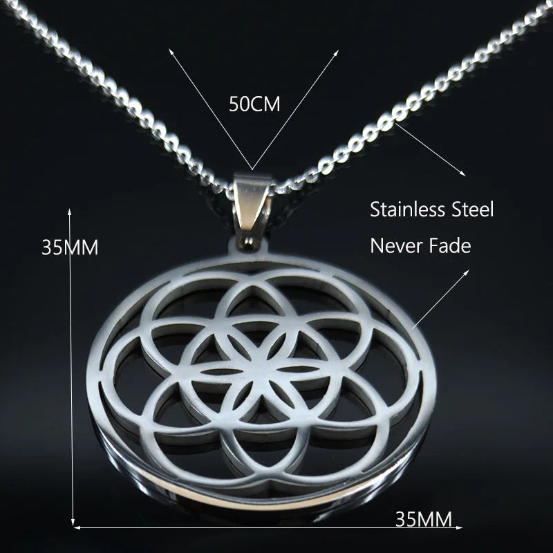 Women Men Sacred Geometry Seed of Life Talisman Yoga Flower of Life Stainless Steel Mandala Necklace