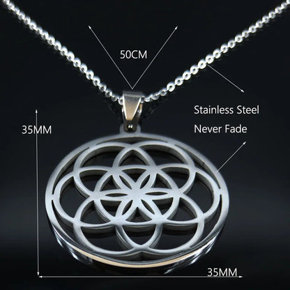 Women Men Sacred Geometry Seed of Life Talisman Yoga Flower of Life Stainless Steel Mandala Necklace