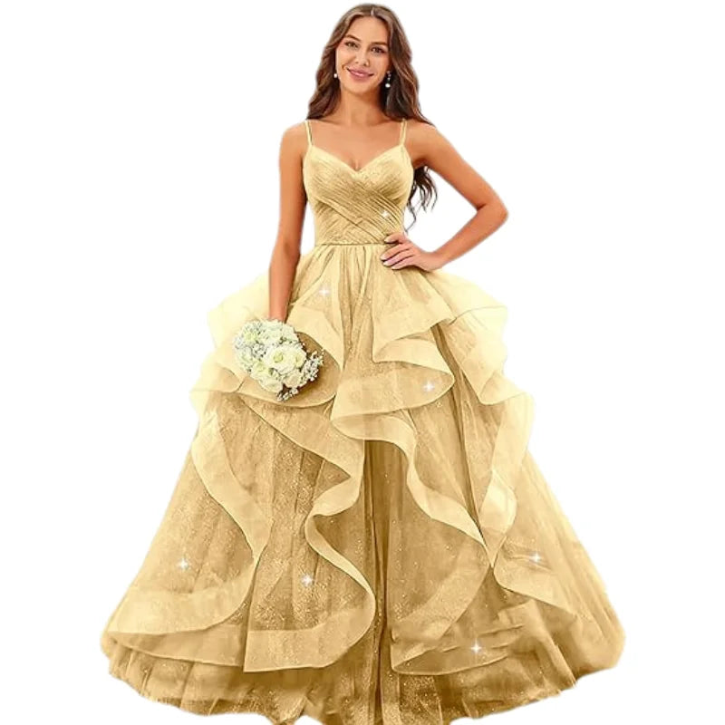Sparkly Tulle Long Prom Spaghetti Straps Ball Glitter Tulle A-line Formal Evening Party Gown Dress