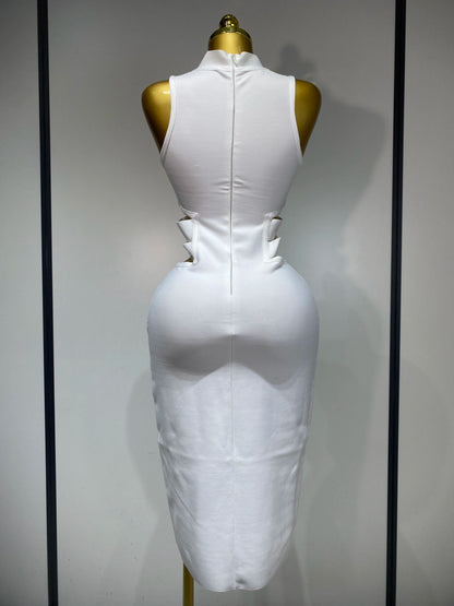 Sexy Turtleneck White Cut Out Midi Bandage Evening Party Prom Birthday Dress