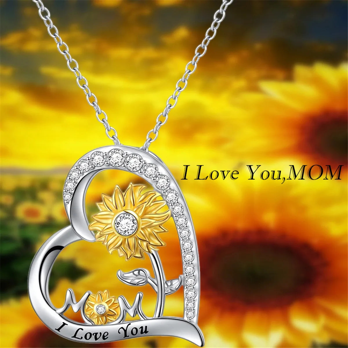 Women Elegant Exquisite Heart Shaped Sunflower "Mom" Pendant Necklace Mother's Day Gift