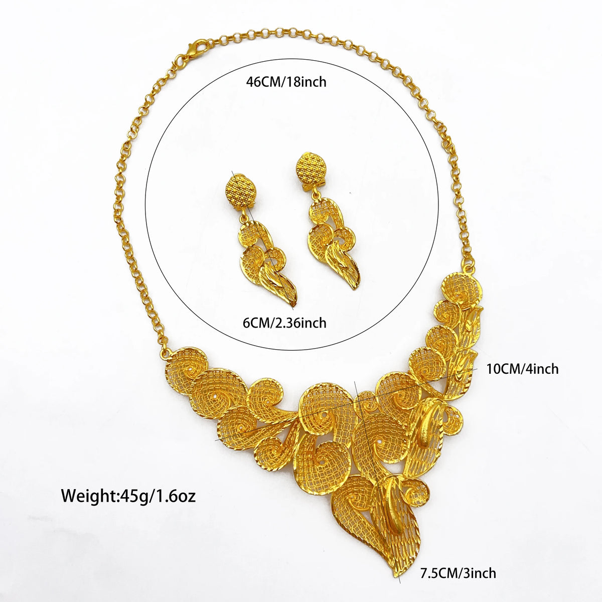 Indian 24K Gold Plated Big Floral Women African Dubai Bridal Wedding Necklace Earrings Jewelry Set