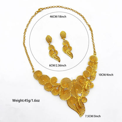 Indian 24K Gold Plated Big Floral Women African Dubai Bridal Wedding Necklace Earrings Jewelry Set