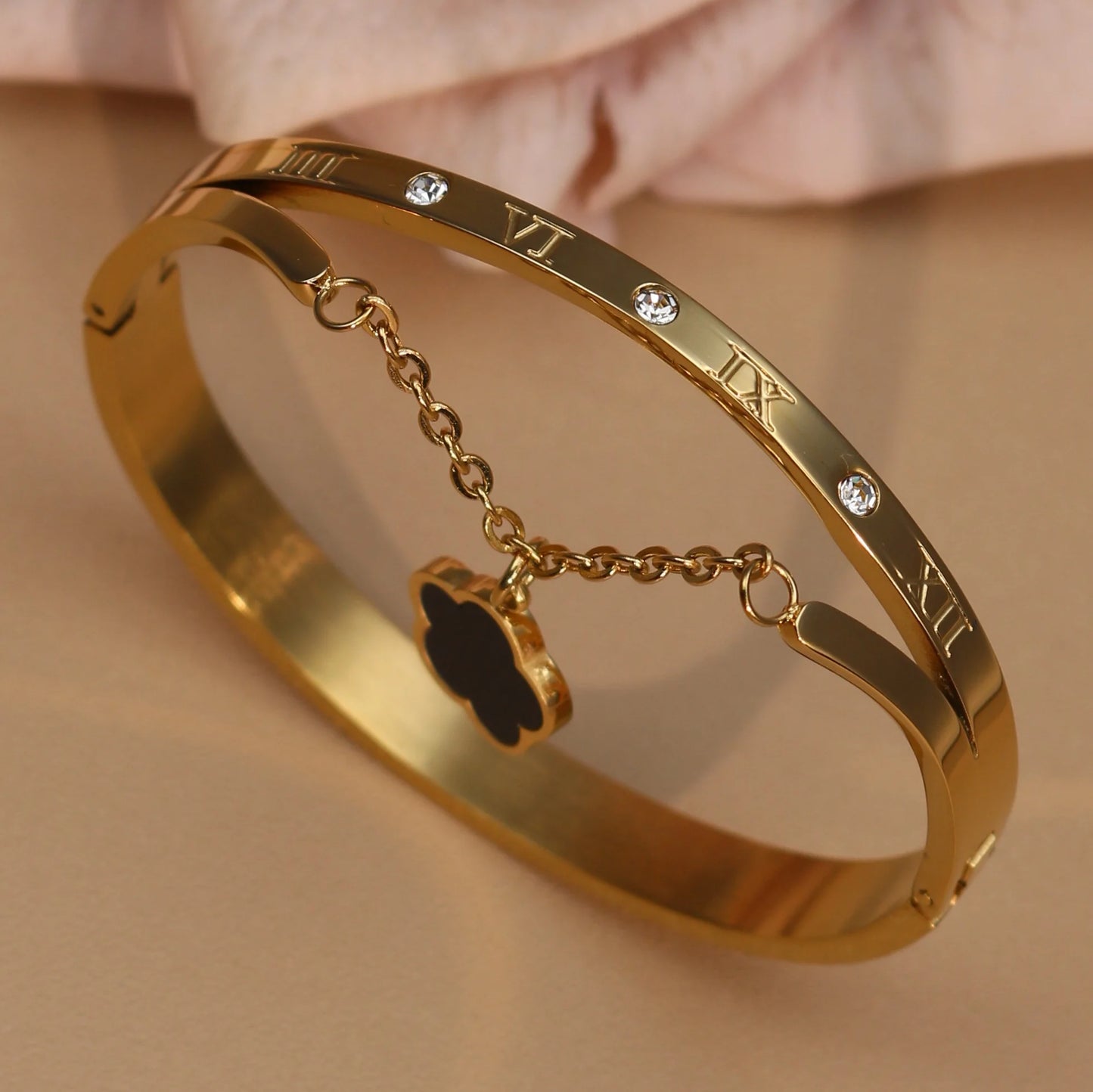 Roman Numeral Crystal Flower Shaped Pendant Stainless Steel Bracelet Bangles