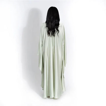 Women Satin Cloak Long Sleeve Loose Kaftan Fashion O Neck Long Dress