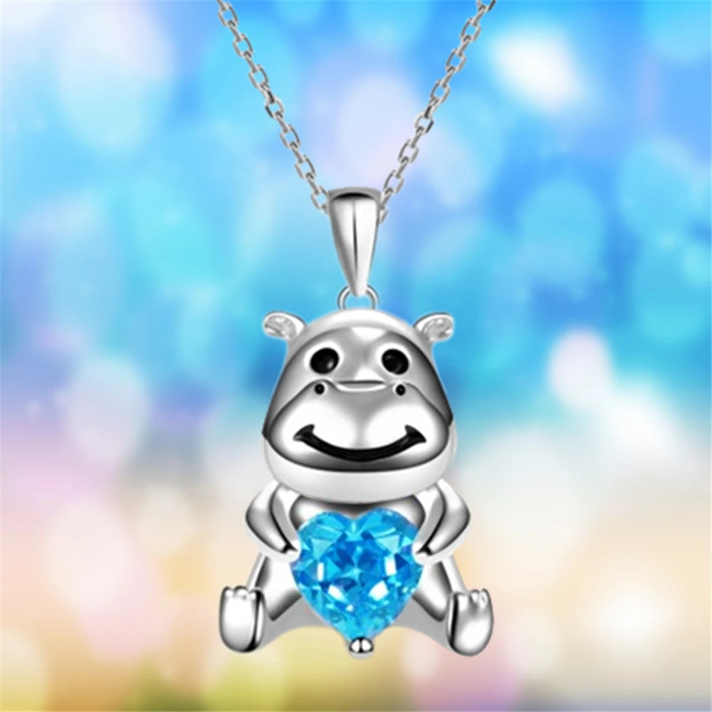 Cute Cartoon Creative Holding Heart Blue Crystal Hippo Pendant Necklace