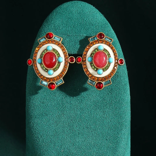 Ethnic Style Bohemia Red Natural Stone Oval Shape Vintage Crystal Antique Earrings