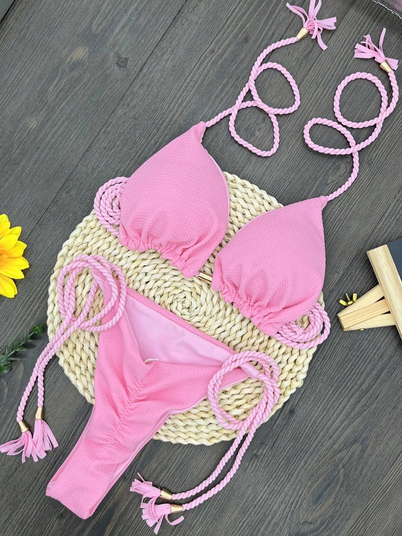 Sexy solid color swimsuit women's split bikini woven rope hanging neck beach swimwear suit