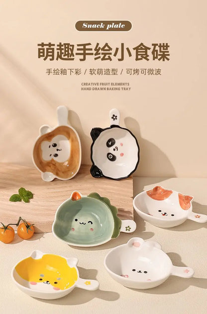 Ceramics Snack Cartoon Animals Saucer Dipping Sauce Dish Handle Dinner Plate Pot