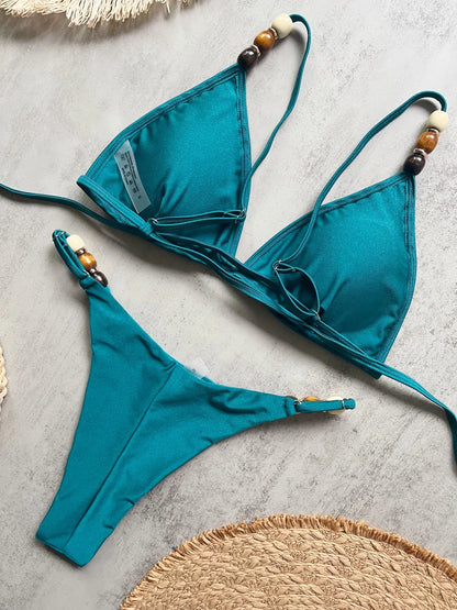 Sexy Women Pearls Strap Hole Out Push Up Bra Thong Swimsuit Brazilian Beach Bathing Micro Bikini Suit