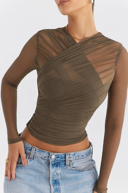 Women Sheer Mesh Long Sleeve V Neck Zipper Layered Skinny Club Party Sexy Tops Shirt