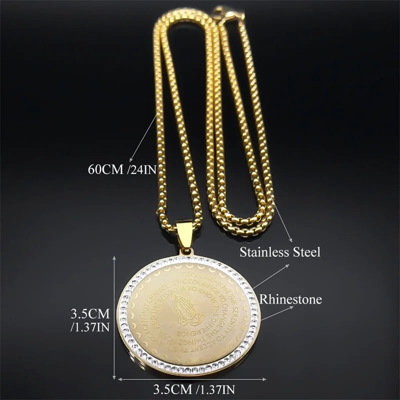 Women Men Stainless Steel Blessing Bible Lords English Serenity Prayer Hand Pendant Necklace