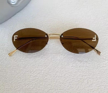 Women Fashion Rimless UV400 Oval Diamond F Letter Sunglasses Eyewear