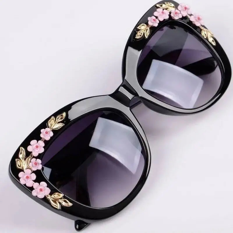 Women Rose Flower Cat Eye Queen Oversize Vintage Designer Sunglasses