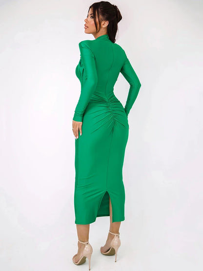 Women Elegant Hollow Out Long Sleeve Maxi  Metal Buckle Ruched Slit Long Dress