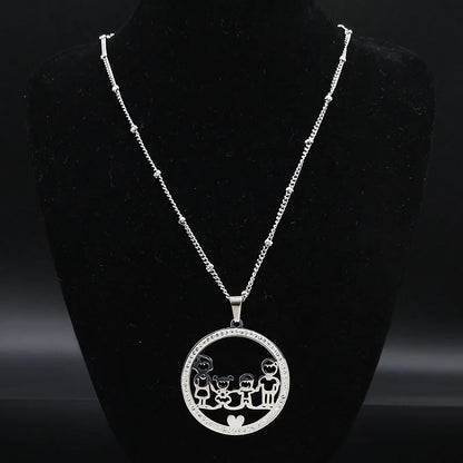 Family Boy Gril Stainless Steel Silver Color Crystal Necklace