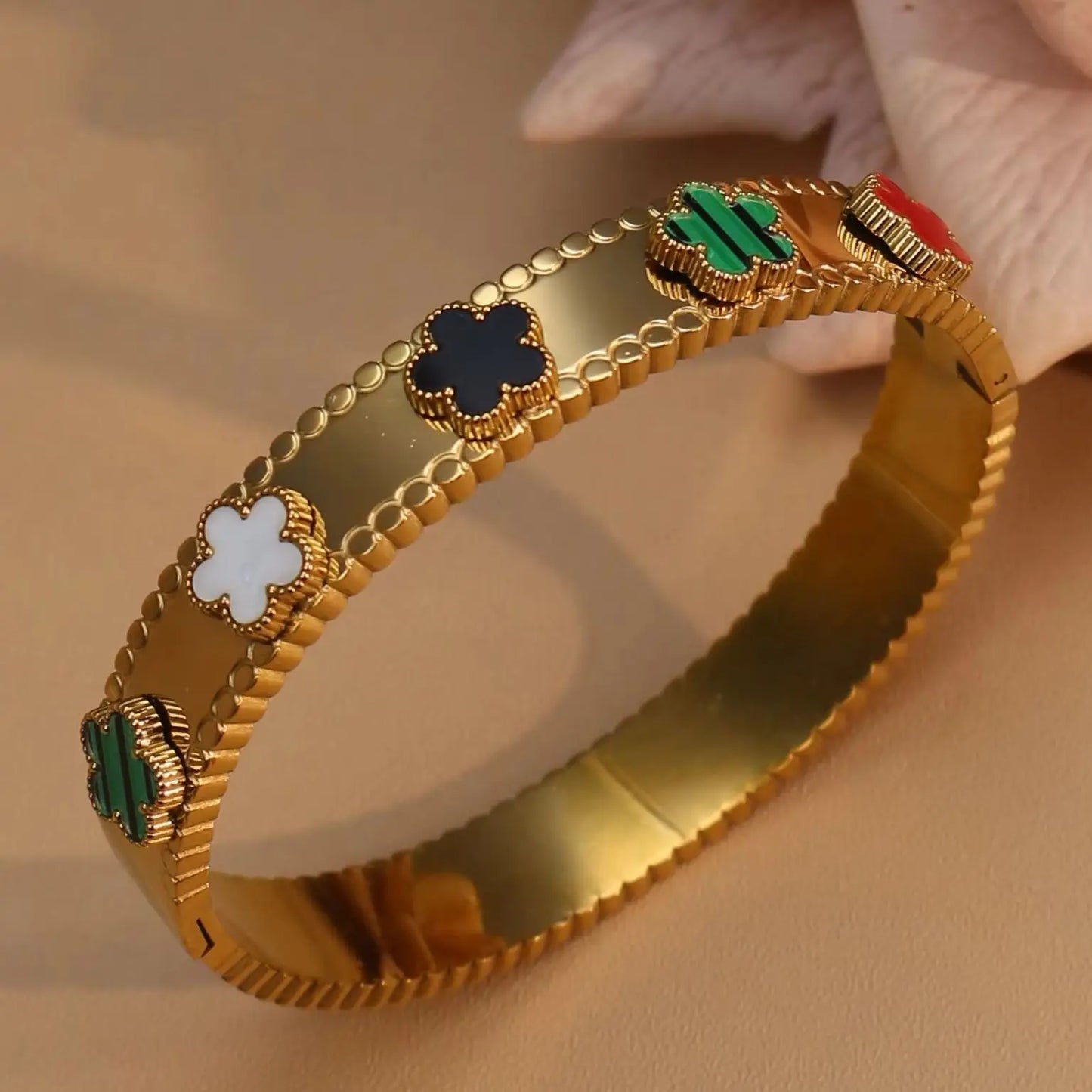Women Acrylic Flower Shape Stainless Steel 18k Gold Color Bracelet Bangles