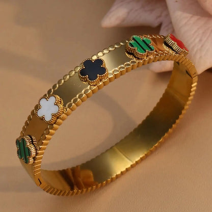Women Acrylic Flower Shape Stainless Steel 18k Gold Color Bracelet Bangles