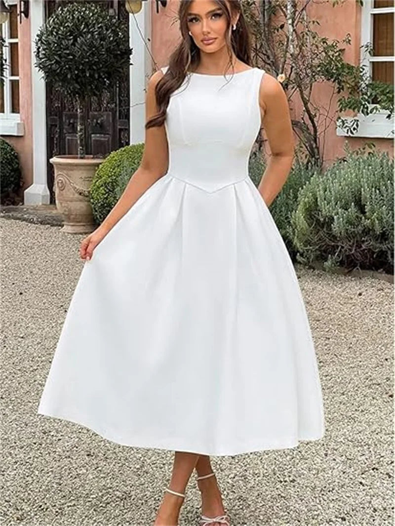 Simple Elegant O-Neck Satin Midi Prom Tea Length Backless A Line Formal Evening Party Bridal Dress w/ Pockets