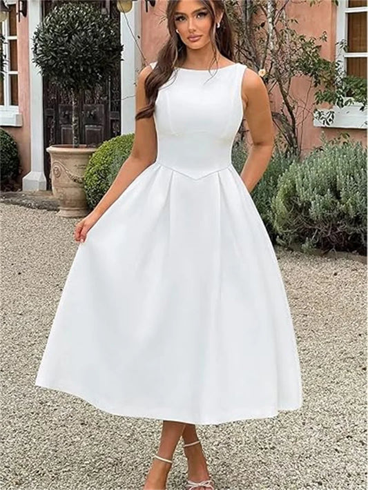 Simple Elegant O-Neck Satin Midi Prom Tea Length Backless A Line Formal Evening Party Bridal Dress w/ Pockets