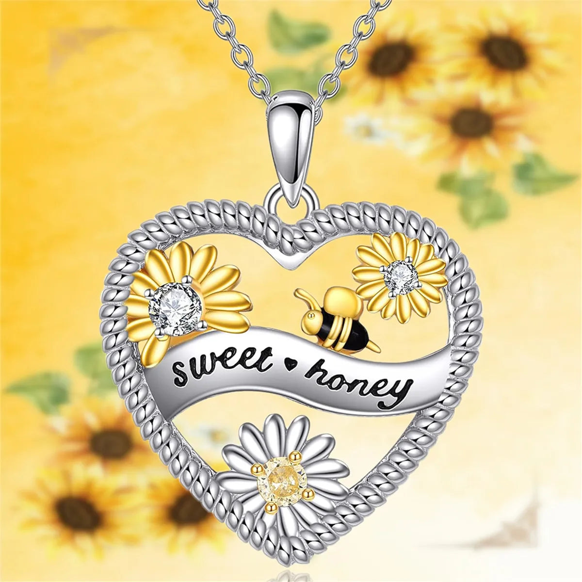 Women Fashionable Elegant Heart Shaped Bee Sunflower Pendant Necklace