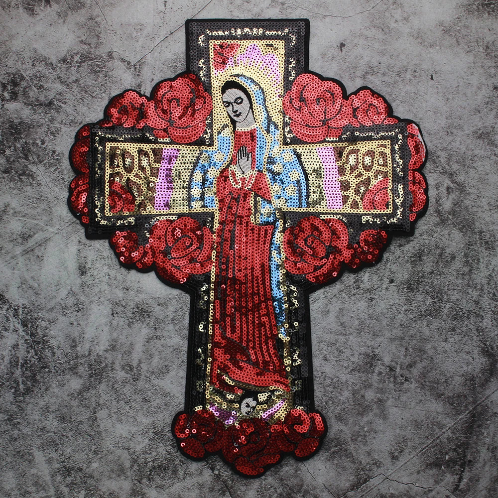 Large Sequins cross rose Blessed Virgin Mary Goddess Embroidery Patches for Clothes DIY sew Stripes Applique