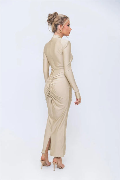 Women Elegant Hollow Out Long Sleeve Maxi  Metal Buckle Ruched Slit Long Dress