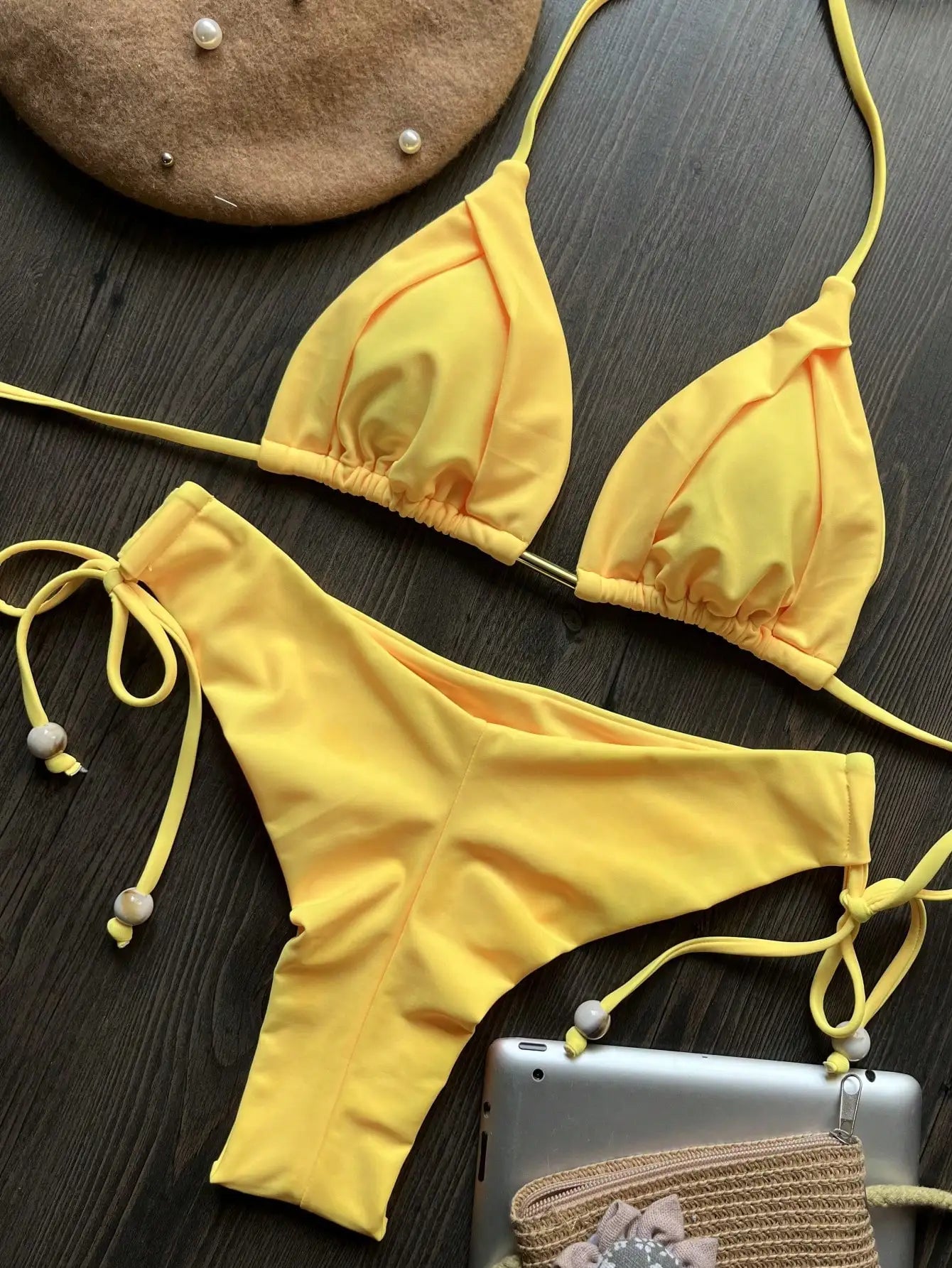 Solid Color Bikini Swimsuit Hanging Neck Rope Split Swimsuit 2-piece Beachwear Suit
