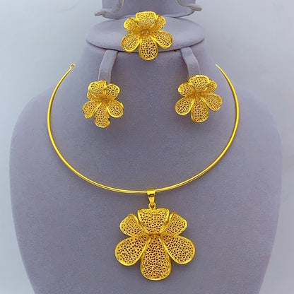African Dubai 24k Gold Plated Women Ethiopian Indian Bridal Round Necklace Earrings Jewelry Set