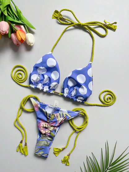 Sexy Leopard Print Women's Split Bikini Woven Rope Strap Fringe Two-Piece Swimsuit Bathing Suit