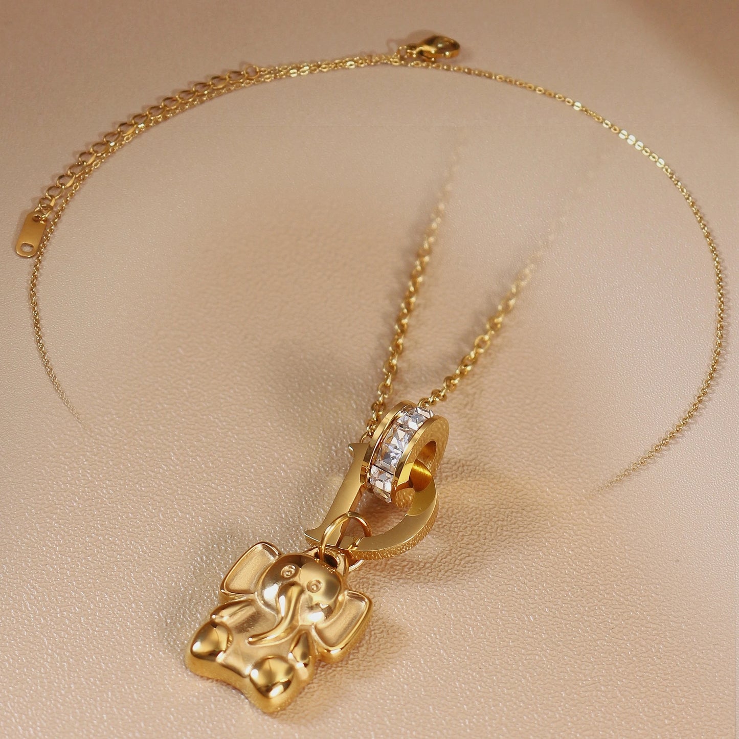 Women Small Elephant Zircon Roman Numeral 18K Gold-Plated Stainless Steel Necklace