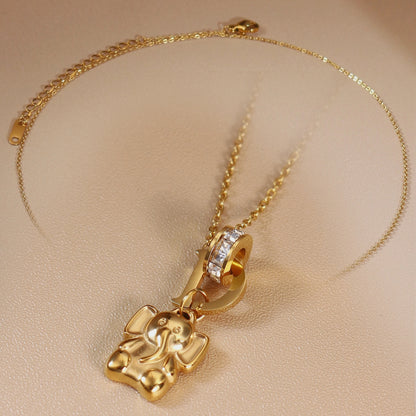 Women Small Elephant Zircon Roman Numeral 18K Gold-Plated Stainless Steel Necklace