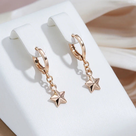 Women Cute Five-pointed Star Dangle 585 Gold Color Wedding Earrings